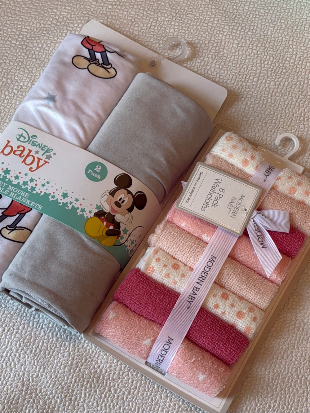 Disney Baby Mickey 2-Pack Gray & White Blankets + Pink Baby Washcloth Set